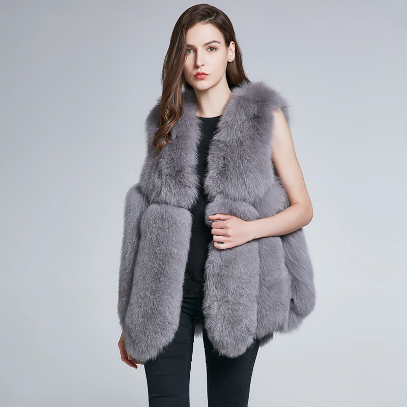 Jkp novo colete de pele de raposa casaco de pele natural feminino inverno sem mangas design colete de pele de raposa
