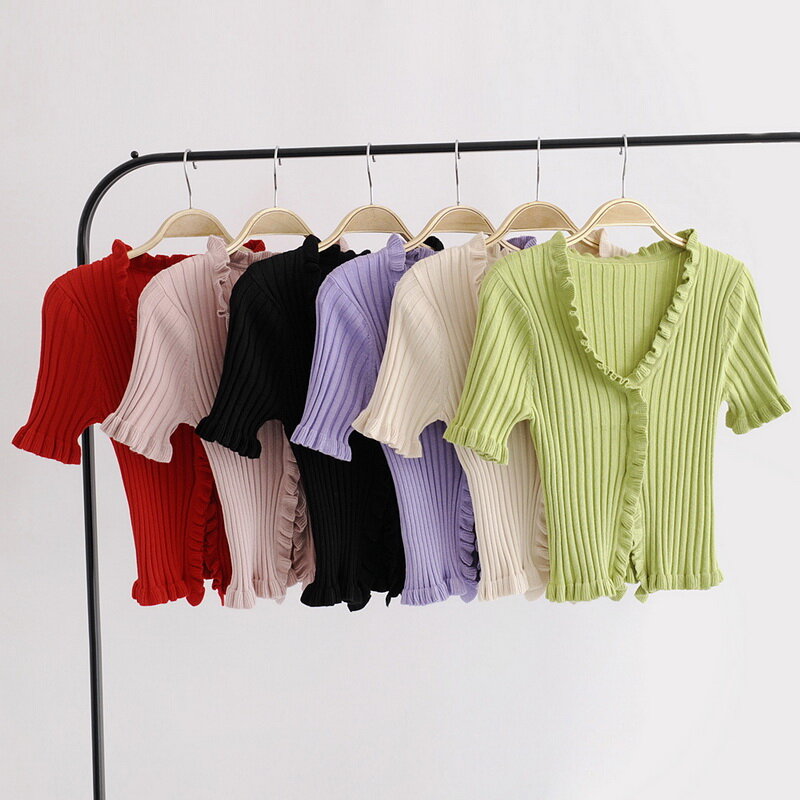 2019 여름 여성 하라주쿠 니트 반소매 티셔츠 프릴 탑 T 셔츠 섹시한 스트리트웨어 유니폼 피트니스 티 셔츠