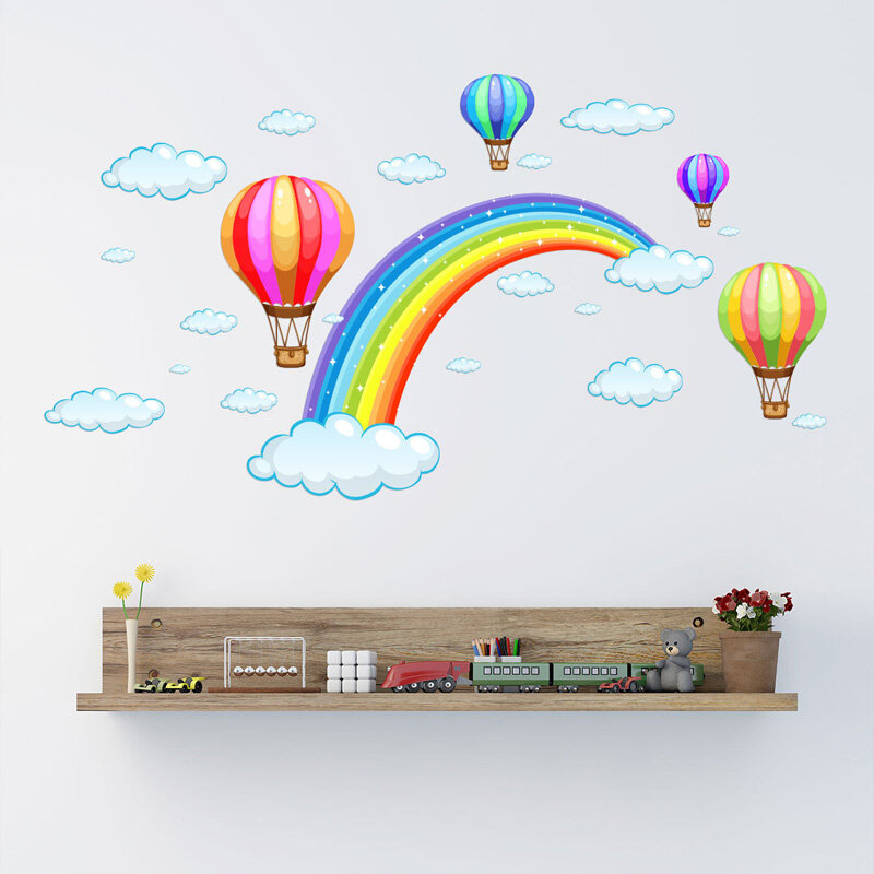 만화 무지개 구름 뜨거운 공기 풍선 벽 스티커 아이 아기 방 장식 벽화 예술 데칼 홈 장식 스티커 벽지