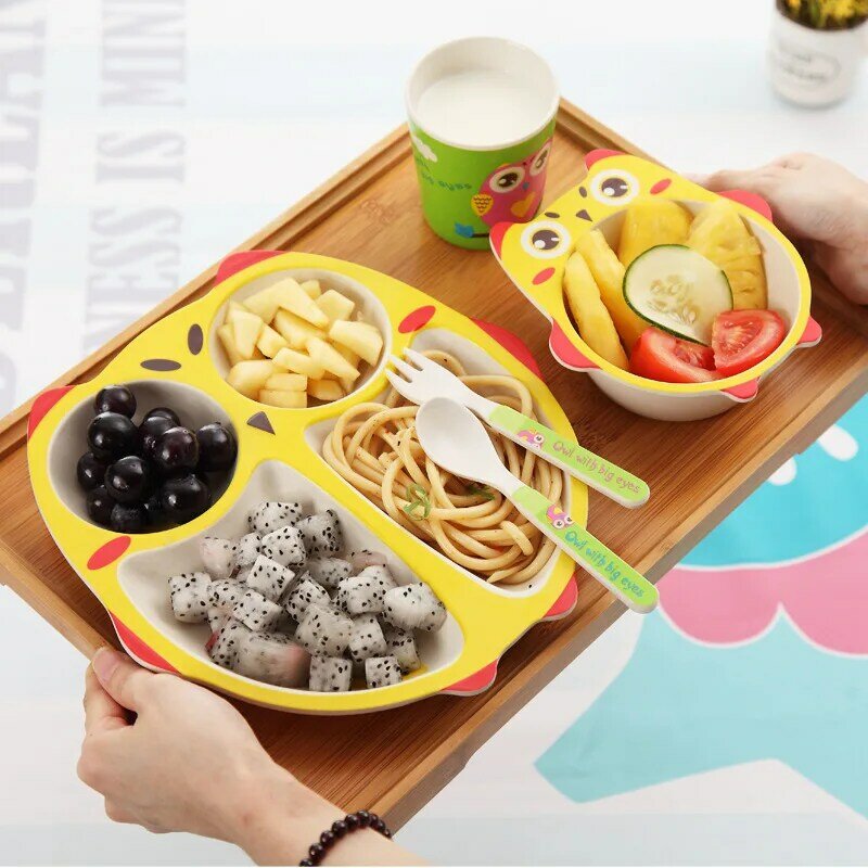 Creative Owl Baby Dinnerware Set Bamboo Fiber Children's Plate Cartoon Baby Feeding Dishesd With Fork Spoon Cup Kids Tableware