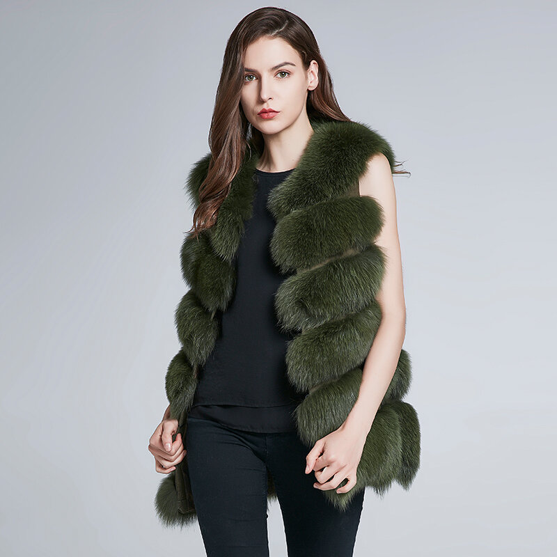 Jkp inverno novo colete de pele de raposa natural, mulheres de seção longa, casaco de pele de tamanhos
