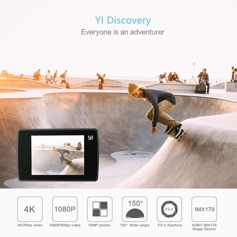 Экшн-камера YI Discovery, спортивная камера 4K 20fps 8MP 16MP с сенсорным экраном 2.0, встроенным Wi-Fi и широким углом обзора 150 градусов