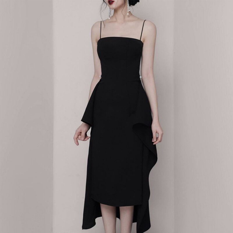 Gaun wisuda panjang Satin hitam ANTI elegan Strap Spaghetti tanpa tali panjang teh tanpa lengan dengan selempang mutiara untuk wanita