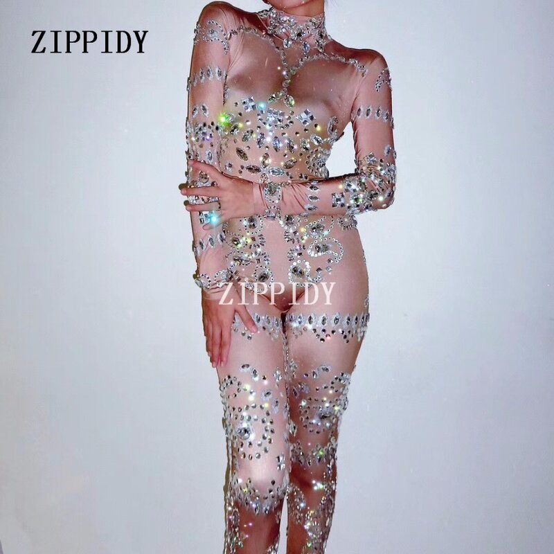 2019 moda Glisten kryształy kamienie kombinezon Sexy strój wieczorowy jasne body kostium bal urodziny świętować strój