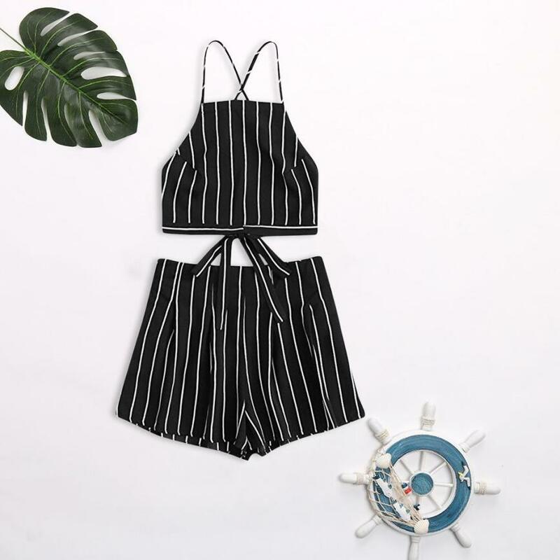 Feitong 2020 Women Sets Striped Blue 2 Pieces Set Crop Top And Shorts Bandage Strap Crop Cami Top With Shorts Set