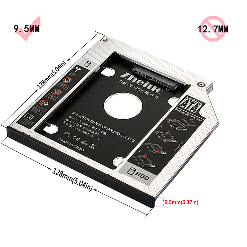 Zheino Aluminum 9.5mm 2nd HDD SSD Caddy 2.5 SATA to SATA Frame Caddy HDD Case Adapter Bay For notebook Laptop CD/DVD-ROM ODD