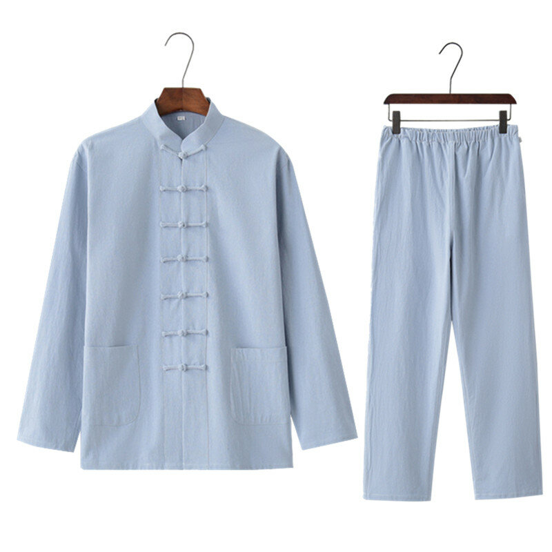 Setelan Kung Fu Warna Solid Linen Katun Pria Baju Lengan Panjang Gaya Tiongkok Baru & Set Celana Panjang Diskon Besar Pakaian Tai Chi M-4XL