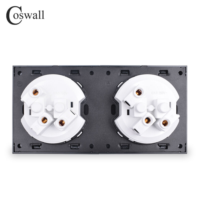 Coswall Brushed Black / Silver Grey Aluminum Metal Panel Double EU Russia Wall Socket Grounded With Children Protective Door