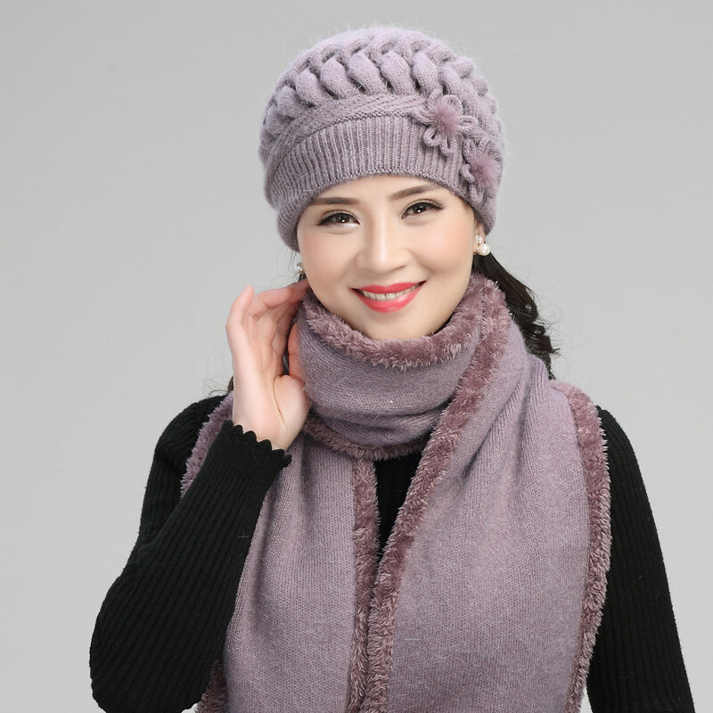 Winter Women Wool Knitted Cap Middle-aged Female Elegant Soft Scarf Mother Christmas Gift Warm Comfortable Fashion Hat H7164