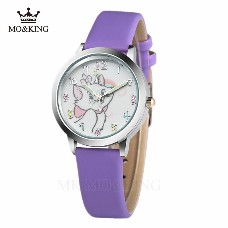 Relógio de quartzo bonito gato infantil, Relógios de couro, Relógio Padrão Gato, Relógios de pulso, Relógio para menina