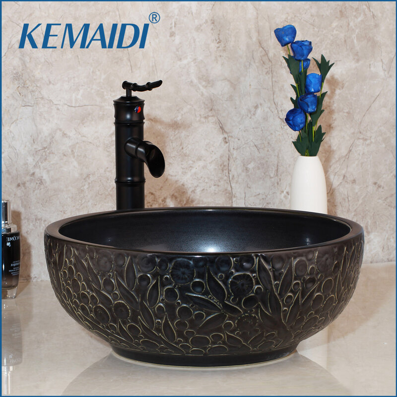 KEMAIDI Bathroom Sink Washbasin Ceramic Lavatory Bath Brass Set Faucet Mixer Black ORB Tap Bamboo Waterfall Basin Taps