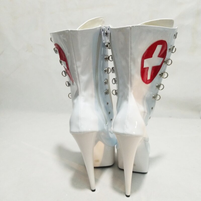 Wit Model Stage Performance Vrouwelijke Laarzen, lage Laarzen Bakken Verf Platform Schoenen 15-20 Cm Hoge Hak Dansschoenen