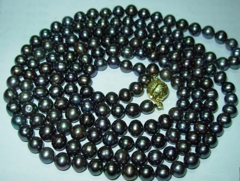 Stunning! 7-8mm Natural Black Akoya Cultured Pearl Necklace 50" Hand Knotted  women jewerly Free shipping