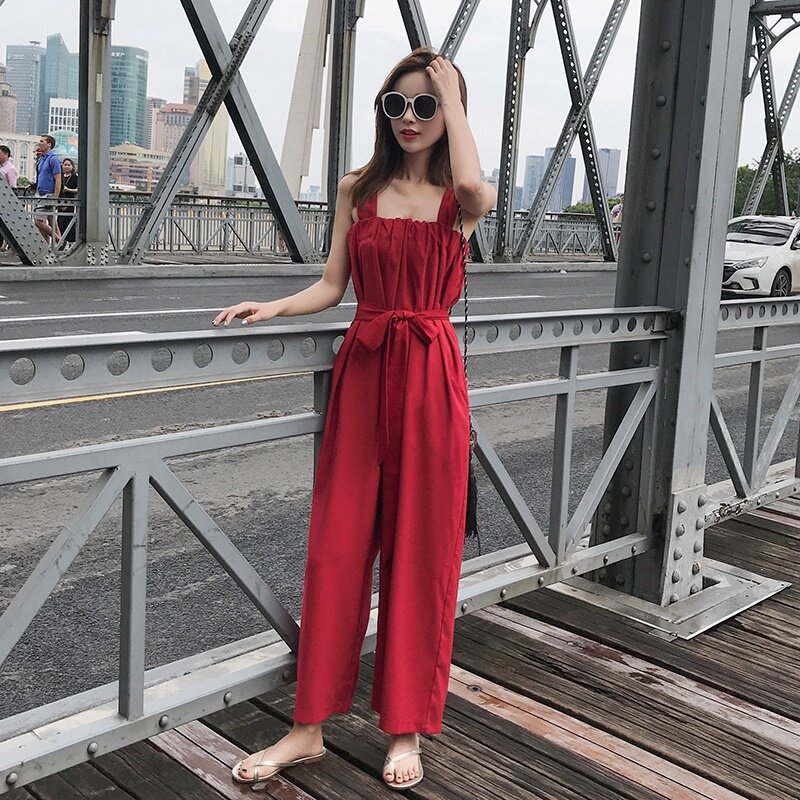 Red Bohemian Jumpsuit 2019 Summer New Strappy Bohemian Party Rompers Beach Vintage Long Wide Leg Overalls Playsuits Pants DD1987