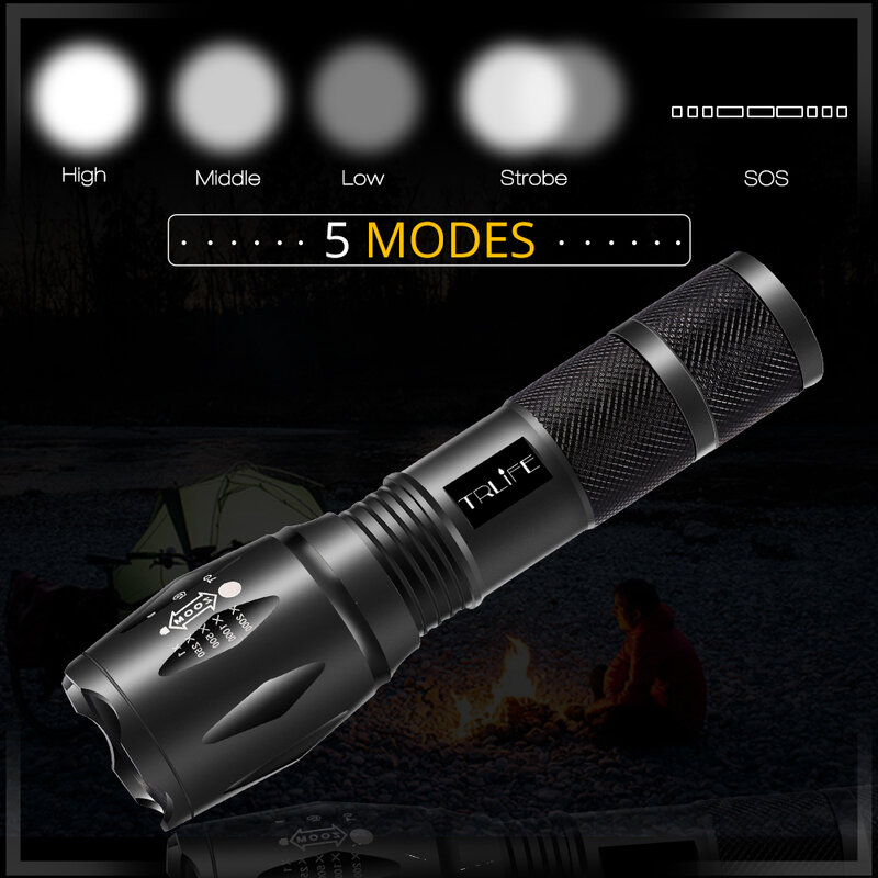 V6 T6 L2 Tactical Lamp Torch Ultra Bright LED Flashlight 200m Lighting Camping Zoomable Flashlights 5-Mode Use 18650 Battery