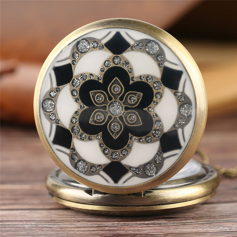 Vintage Bronze białe miedziane Jade kwiat kryształ duży kwarcowy damski zegarek kieszonkowy naszyjnik łańcuszek z wisiorem urodziny prezenty piękny zegar