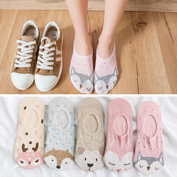 Носки женские короткие, с изображением кота, лисы, мыши, забавные, лето носки с милыми животными, 5 пар/лот, хлопковые незаметные носки