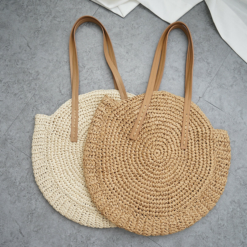 Винтажная соломенная сумка, круглая сумка из ротанга, ручная работа, летние сумки, тканые, для пляжа, для девушек, сумка через плечо, для путе...