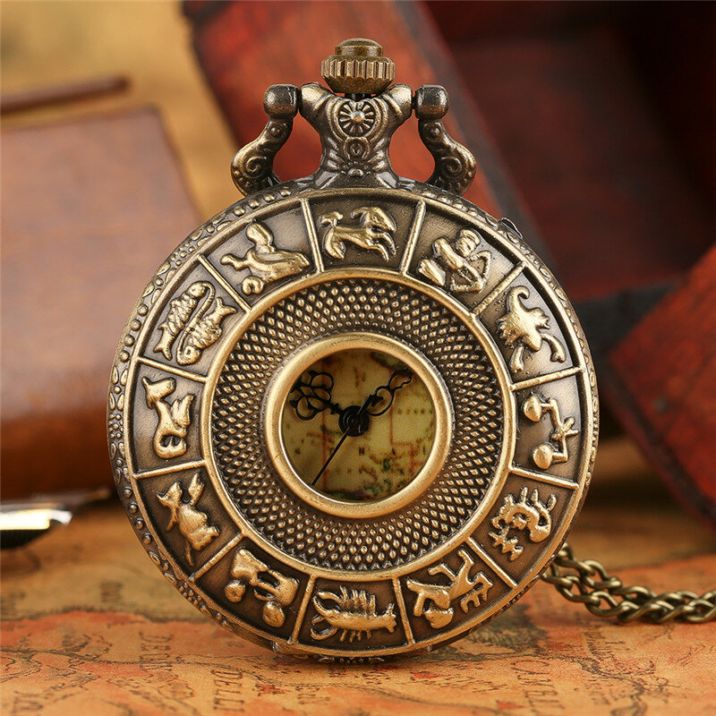 Retro Bronze Zodiac Constellation Case Hollow naszyjnik kieszonkowy zegarek nowoczesny Australia mapa wisiorek moda na łańcuszku FOB zegarek typu biżuteria