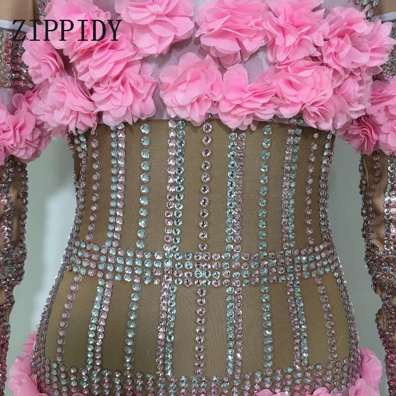 Macacão feminino com pedras de strass, flores rosas, festa de aniversário, boate, cantoras, traje, sexy, peça única, bodysuit