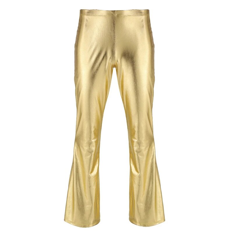 Męskie metalowe spodnie Disco z dzwoneczkiem spodnie do tańca wydajność błyszczące spodnie poszerzane, długie męskie stroje imprezowe koncertowe