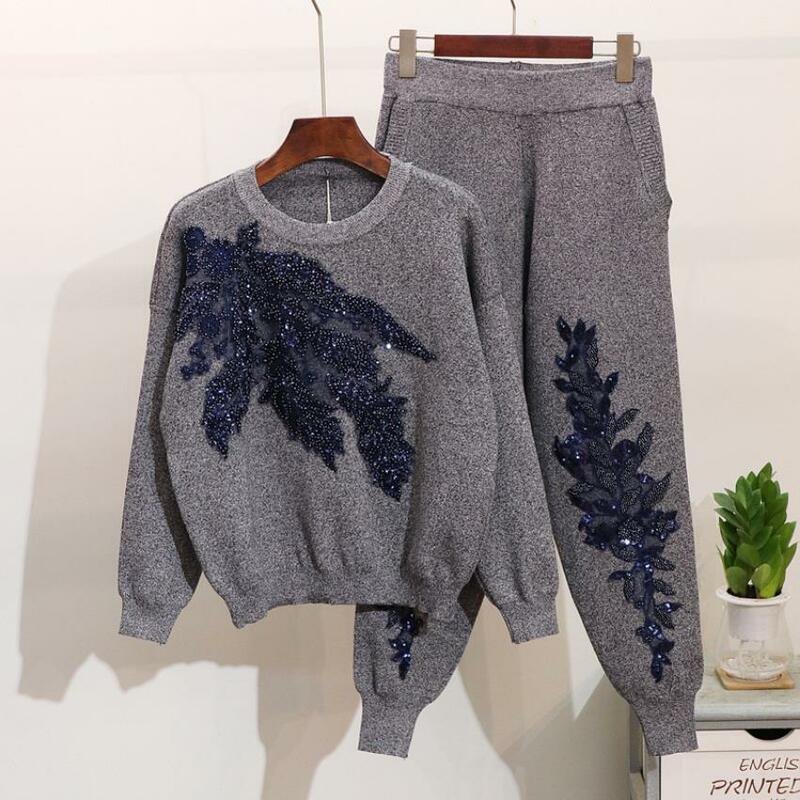 Kualitas Bagus Payet Manik-manik Merajut Pakaian Wanita Industri Berat Manik-manik Bunga Lengan Panjang Sweater + Celana 2 Buah Set Wq1738
