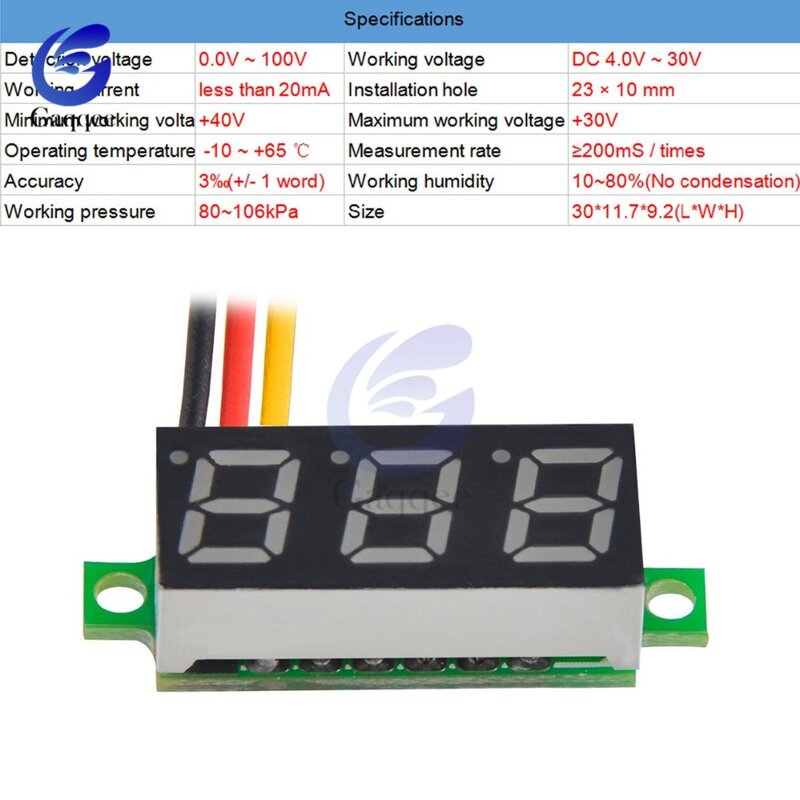 0.28 inch Mini DC 0- 100V 3-Wire Gauge Voltage Meter Voltmeter Digital LED Display Digital Panel Meter Detector Monitor Tools