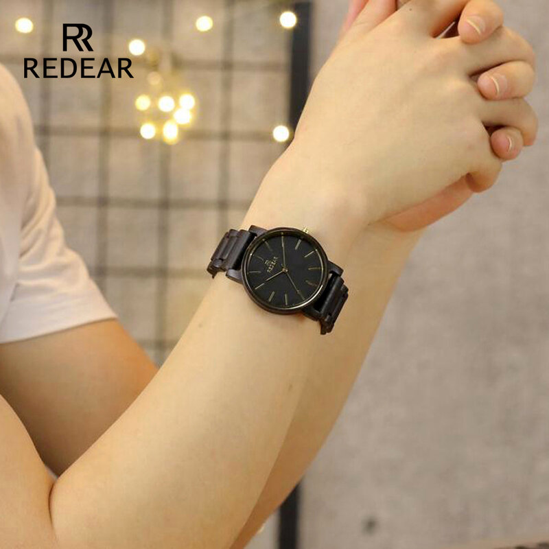 Redear frete grátis marca relógio de bambu moda preto casal relógio japão movimento quartzo relógios de madeira ébano