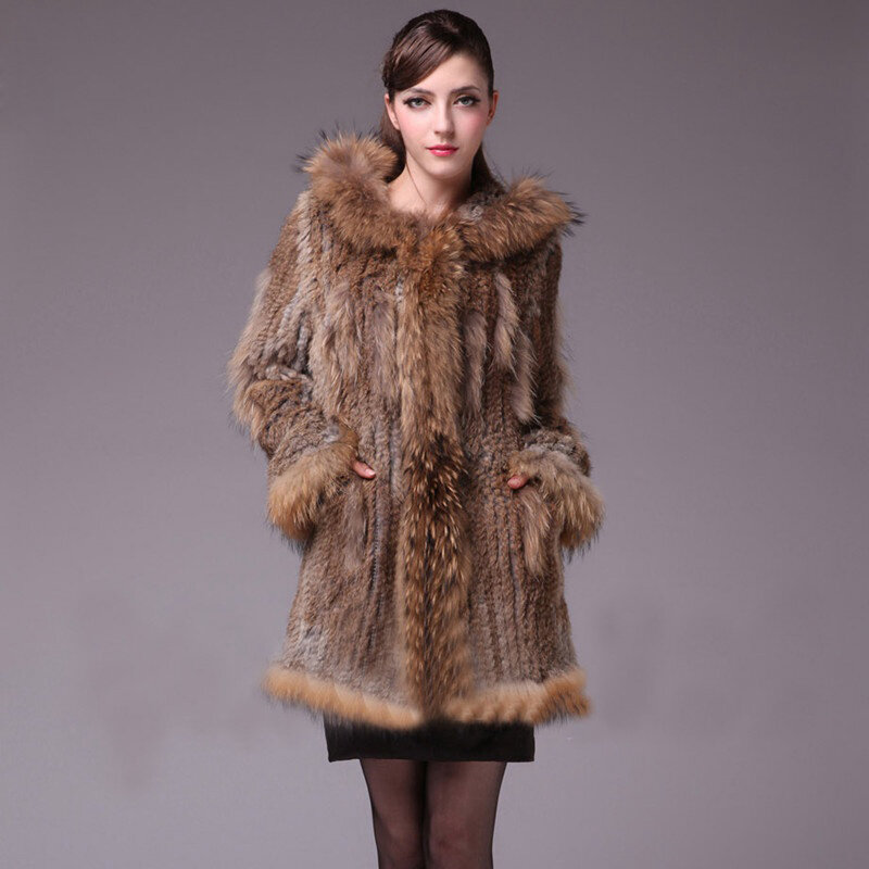 Mantel Bulu Asli dengan Tudung 2023 Wanita Rajutan Mantel Bulu Kelinci Asli/Jaket/Outware dengan Tudung Wanita Sabuk Panjang dengan Rumbai