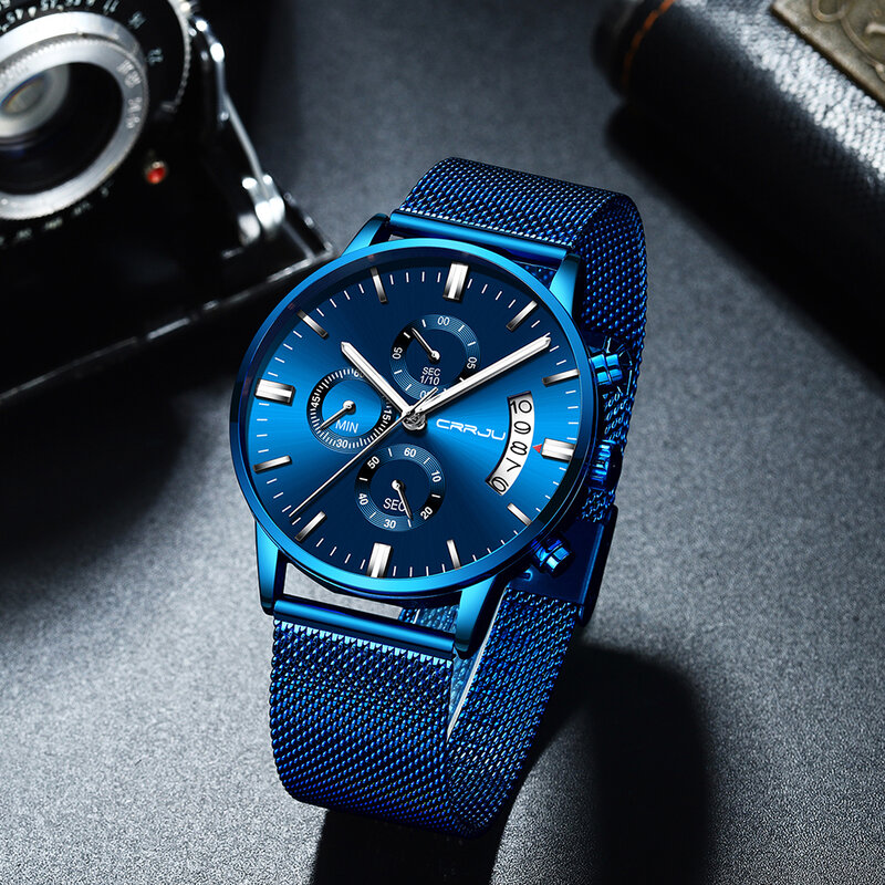 NEW CRRJU Mens Watches Top Luxury Brand Waterproof Sport Wrist Watch Chronograph Quartz Military Mesh Steel relojes hombre 2273