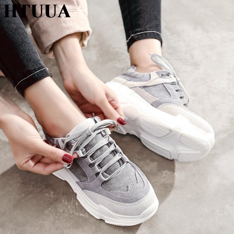 HTUUA New Spring Sneakers Women High Heel Platform Shoes Creepers Plateforme Casual Shoes Grey Pink Lace Up Flats Shoes SX2241