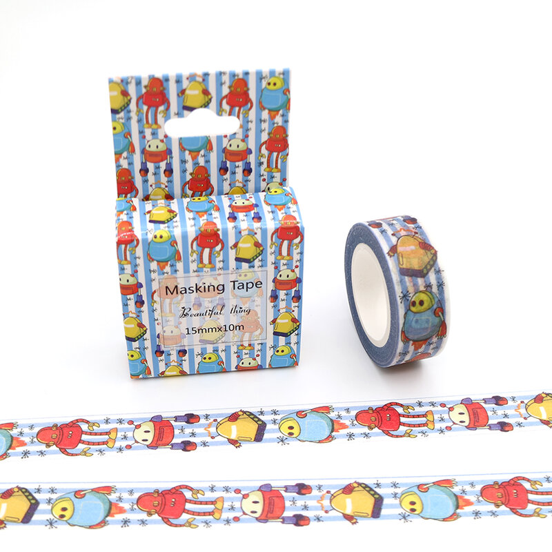 Cinta Washi de Robot de dibujos animados, cinta adhesiva de papel colorida de excelente calidad, cintas decorativas DIY, paquete de caja de 15mm x 10m