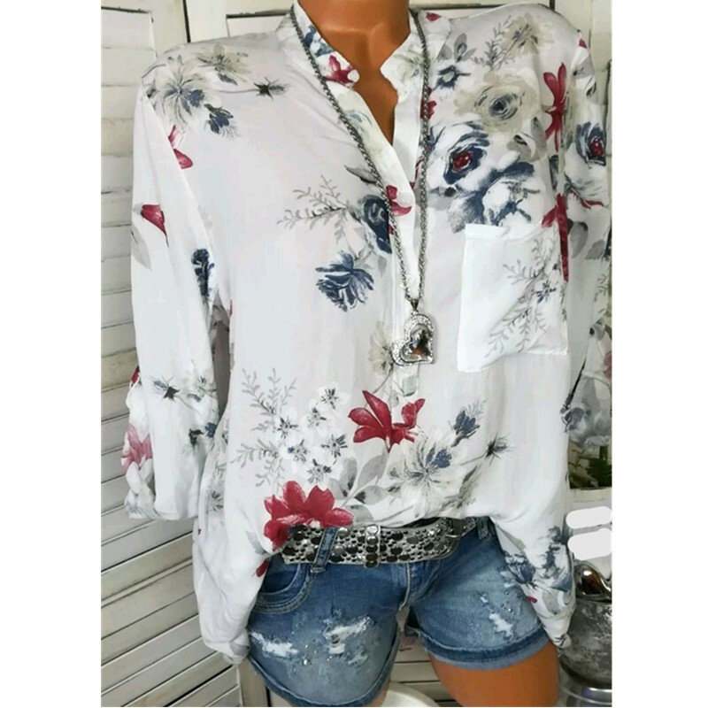 Blusas de chiffon femininas, 5xl outono casual flor impressão manga comprida suporte pescoço tops ol blusas camisas blusas femininas tamanho grande