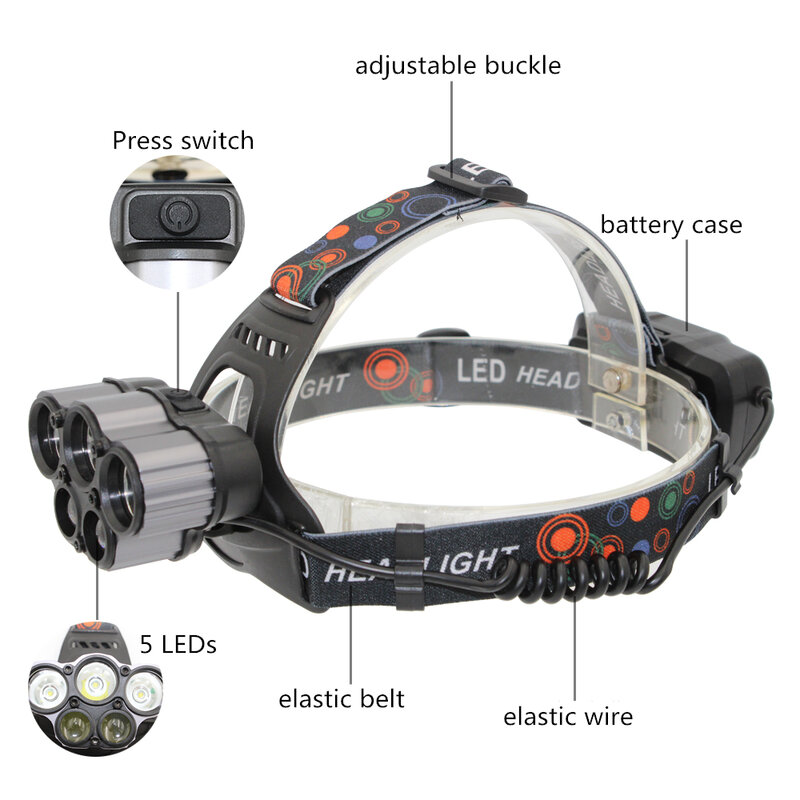 15000Lm 3 XML T6 + 2 Q5 LED 6 tryby LED reflektor reflektor 18650 głowy lampa do polowania Camping piesze wycieczki + USB kabel