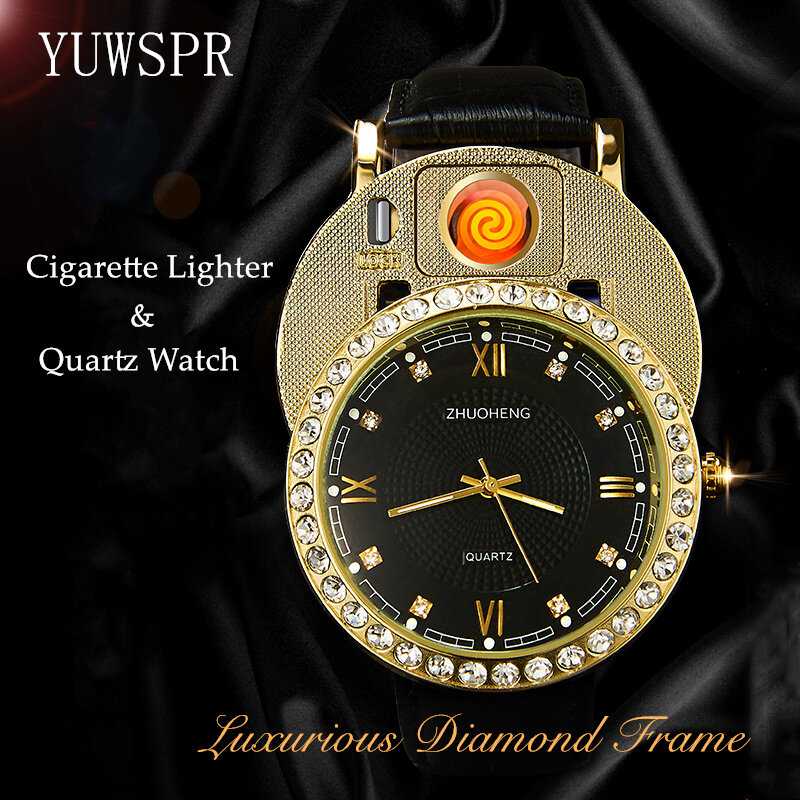 Relojes de cuarzo con encendedor de cigarrillos para hombre, reloj de pulsera informal con esfera de diamante de lujo, recargable vía USB, JH391-2