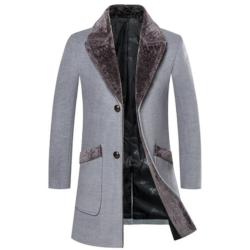 New Arrival Winter Men's Long Woolen Coat Fur Collar Warm Woolen Coats Male Solid Color Slim Casual Windbreaker Jacket 5XL