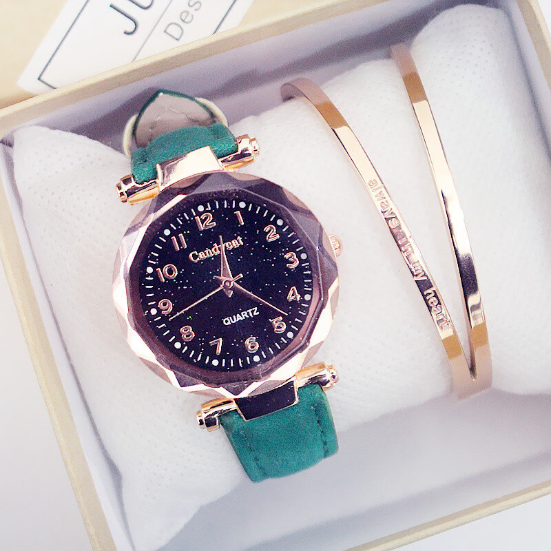 Модные женские часы, хит продаж, недорогие женские часы-браслет звездного неба, повседневные кожаные кварцевые наручные часы, часы