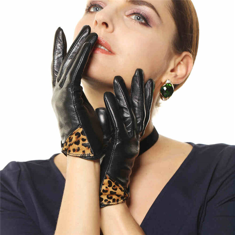 Couro genuíno luvas femininas leopardo bowknot pele de carneiro estilo curto moda tendência L100NQ-1