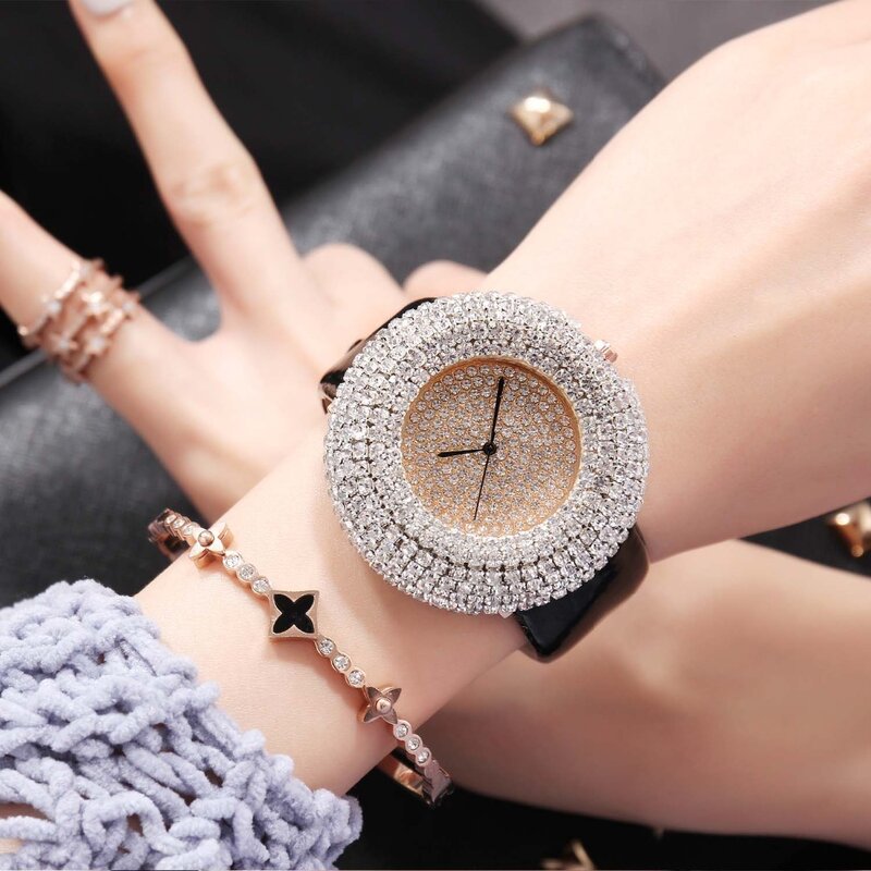 Relojes de lujo para mujer, reloj grande con brillantes blancos, nuevo diseño de moda, reloj de cuarzo para mujer, reloj de pulsera, correa de cuero