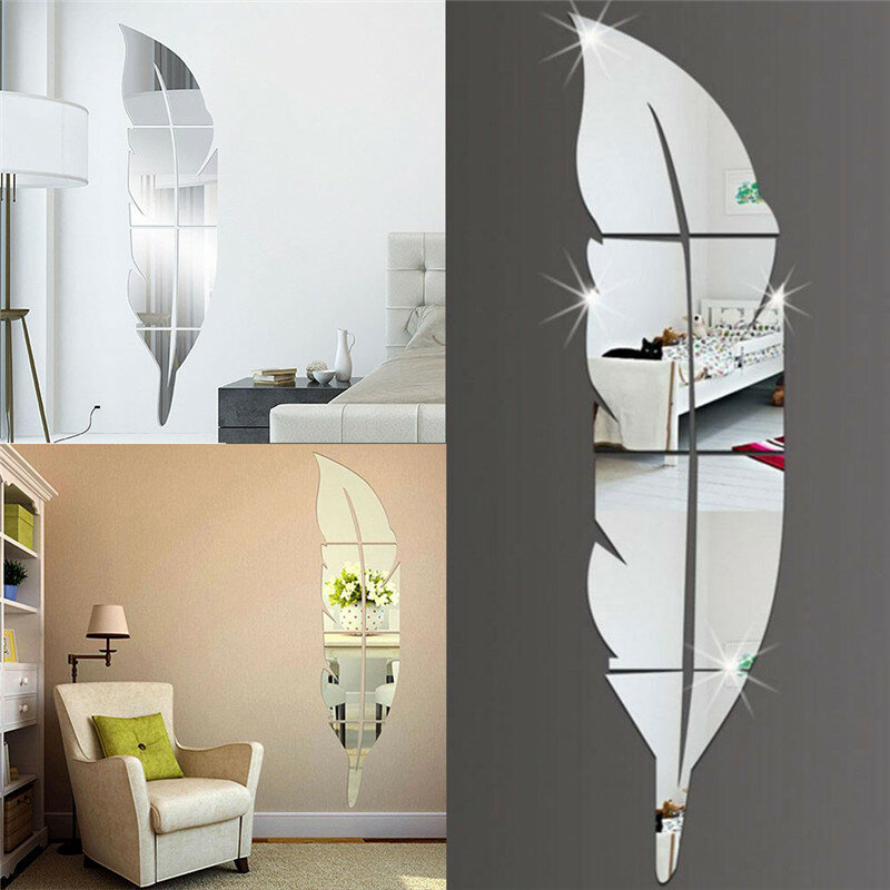 15*72cm DIY Feather Pattern Acrylic Mirror Effect Wall Sticker Home Decoration Mirror Mural Makeup Spiegel