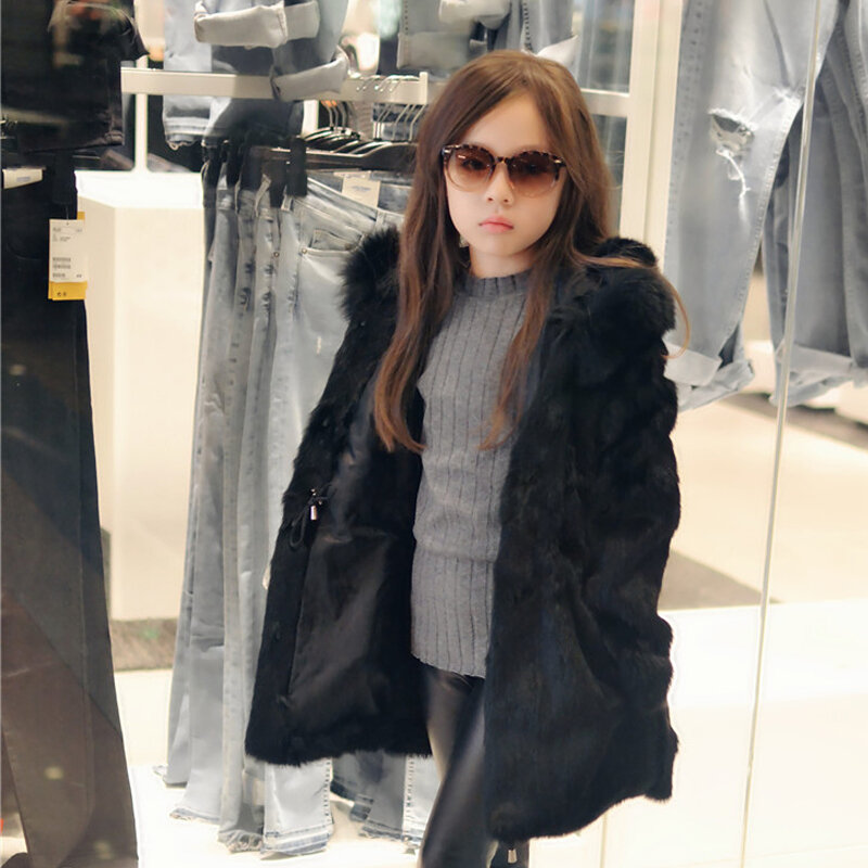 JKP nowa dziecięca moda zimowa naturalny płaszcz z futra królika gruby ciepły średniej długości dziewczyny prawdziwe futro miękka kurtka z kapturem