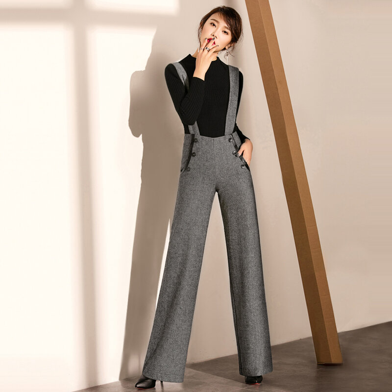 Женские комбинезоны из 70% шерсти, комбинезоны с карманами, украшенные пуговицами, длинные широкие брюки, классический дизайн, новая мода 2018
