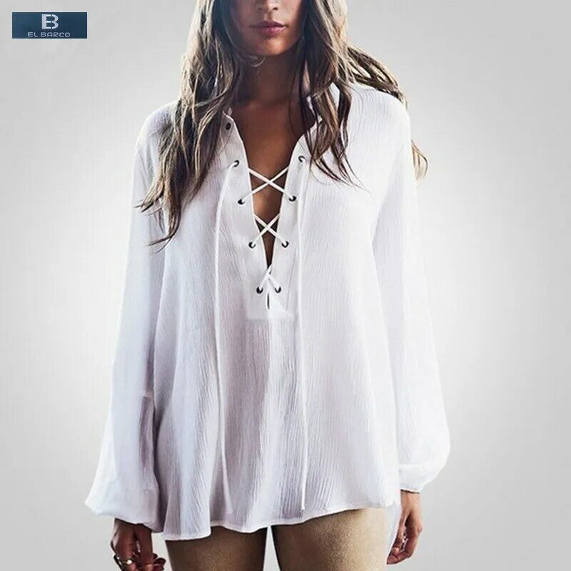 [EL BARCO]-blusa larga de gasa de algodón y lino para mujer, camisa Sexy a cuadros, Tops informales blancos, 2017