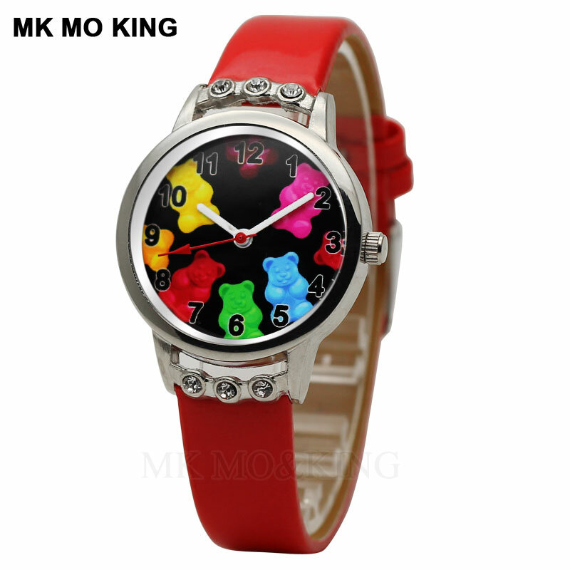 Moda marka słodkie dziecko zegarek kwarcowy Cartoon kolor niedźwiedź dziewczyna zegar dorywczo skórzane dziecko chłopiec bransoletka dzień dziecka prezent