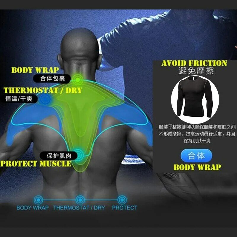 Pria Pro Shaper Pakaian Dalam Kompresi 3D Cut Ketat T-shirt, keren Elastis Tinggi Keringat Cepat Kering Wicking Olahraga Kebugaran Lengan Panjang