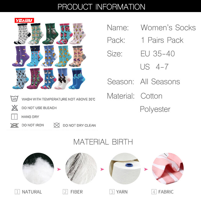 YEADU-Calcetines de algodón 85% con dibujos animados para mujer, medias de estilo Harajuku, Kawaii, Alien, unicornio, dibujos animados, rosa, dulce y divertido, novedad