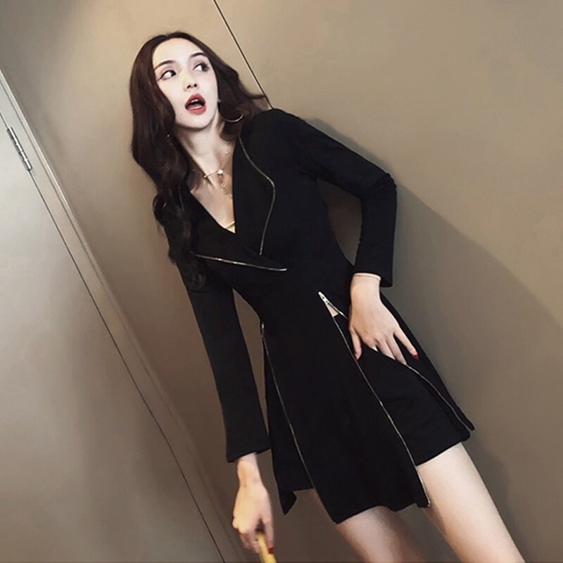 Fall Two Piece Women Outfits Long Sleeve Black Zipper Sexy Womens Long Jacket Trouser Suit 2 Piece Sets Womens Outfits DD1901