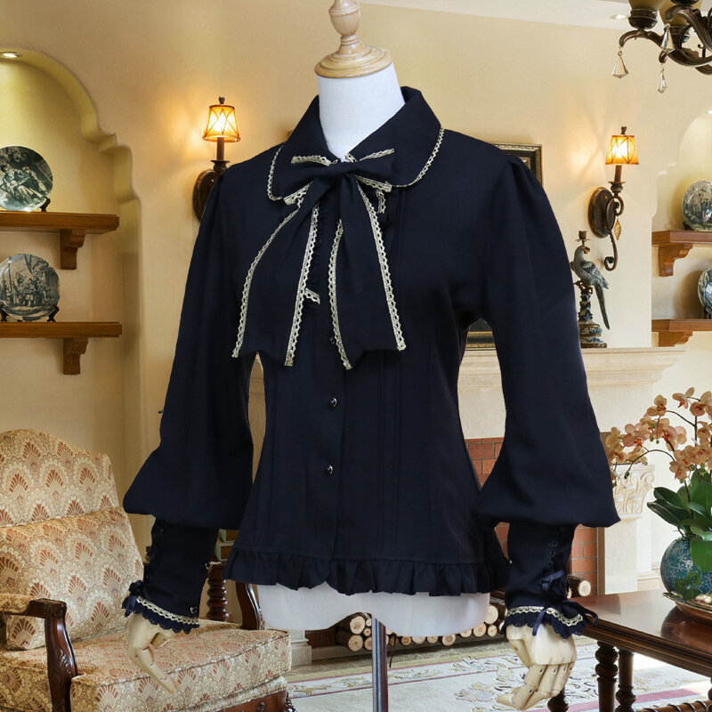 Spring Fashion Women's Lolita Chiffon Shirt Office Female Vintage Gothic Slim Inside Blouse Lace Bow Long Sleeve Casual Shirts