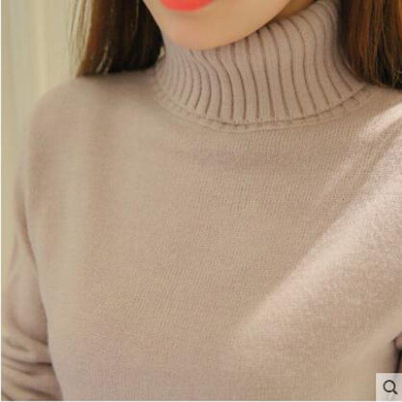 Otoño Invierno mujeres suéteres tejidos 2018 moda gruesa caliente suéteres cuello alto manga larga Color sólido suéteres Mujer Tops