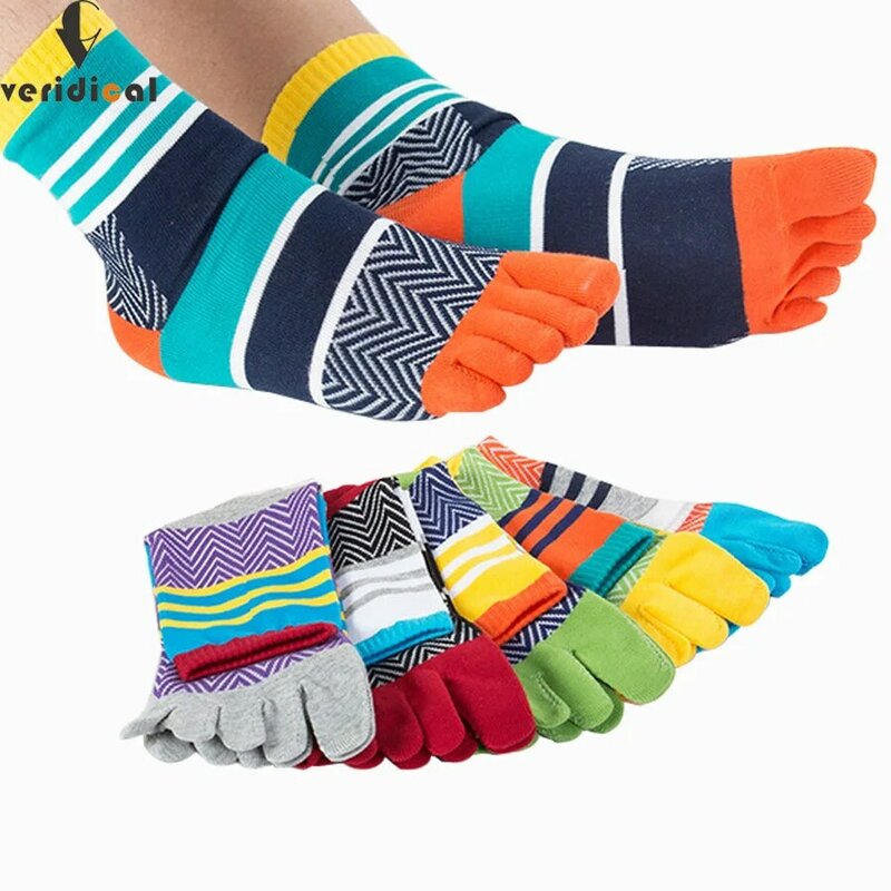 Meias de algodão listrado para homens, 5 pares/lote, meias de verão, cinco meias dedo, patchwork colorido, tamanho livre
